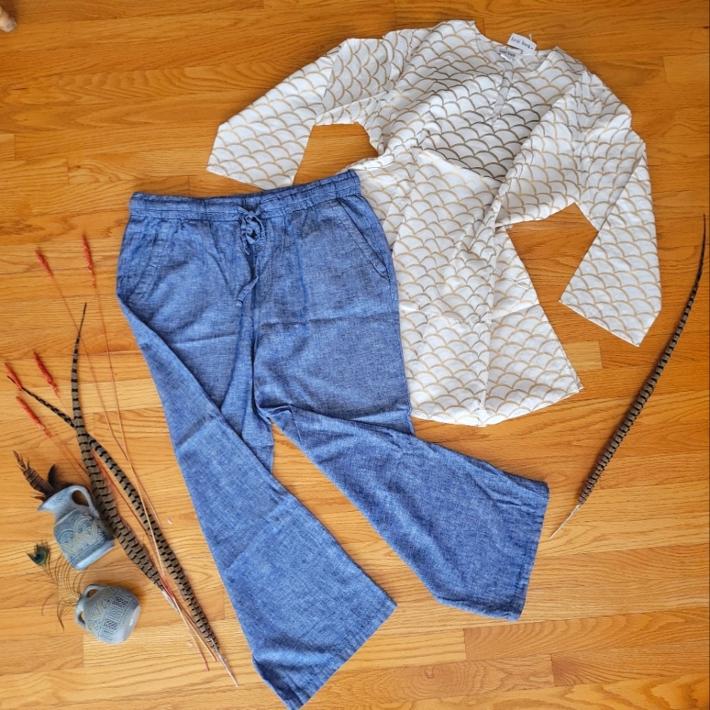 Sale 🔥 breezy denim blue wide leg linen pants size L - XL